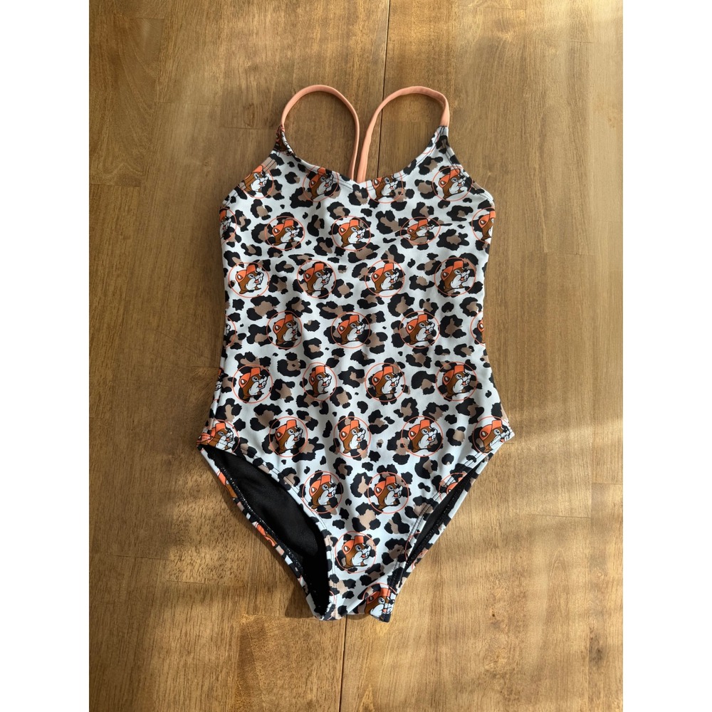 Buc-ee's Girls One Piece Swimsuit Leopard Print Beaver Logo Racerback Size YS
